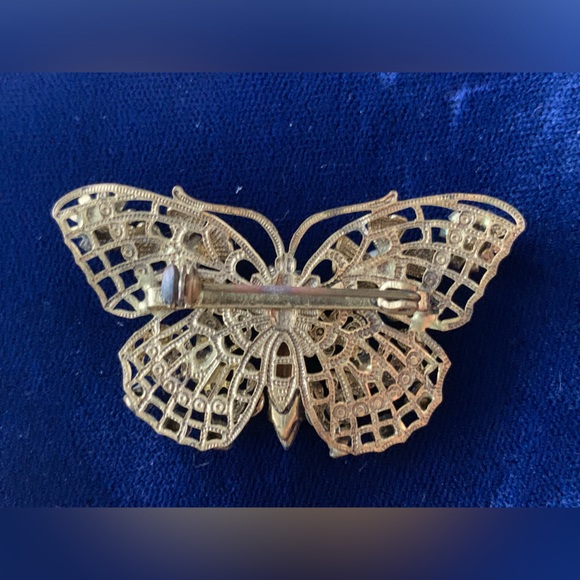 Antique Filigree Vermeil Rhinestone Pearl Butterfly Brooch - Picture 2 of 2